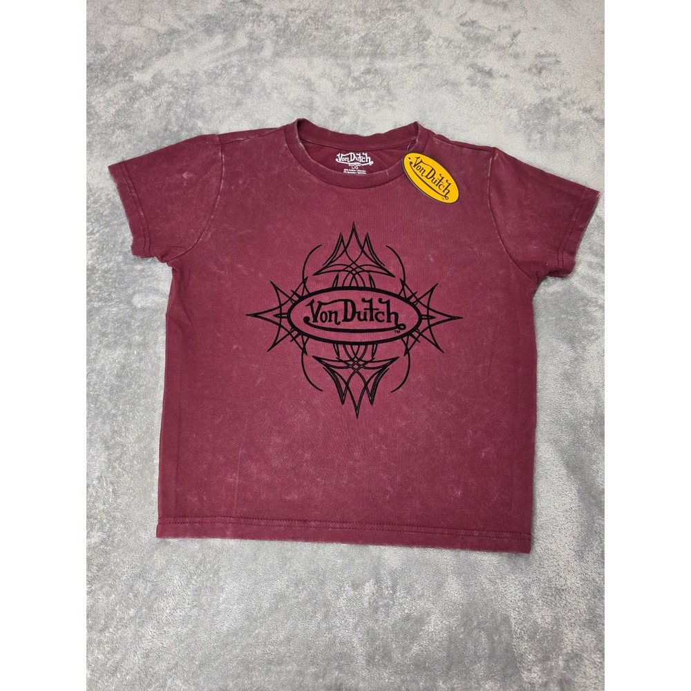 Von Dutch Womens Burgundy Acid Wash Graphic T-Shirt Large NWT Baby Tee